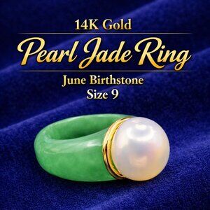 14K Gold Jade Pearl Ring Size 9